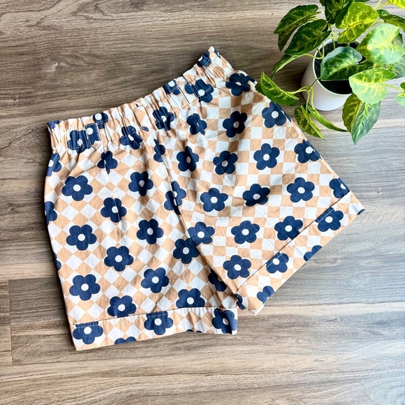 Maeve by Anthropologie Retro Floral Argyle Elastic Waist Paperbag Shorts Size M - Picture 2 of 15